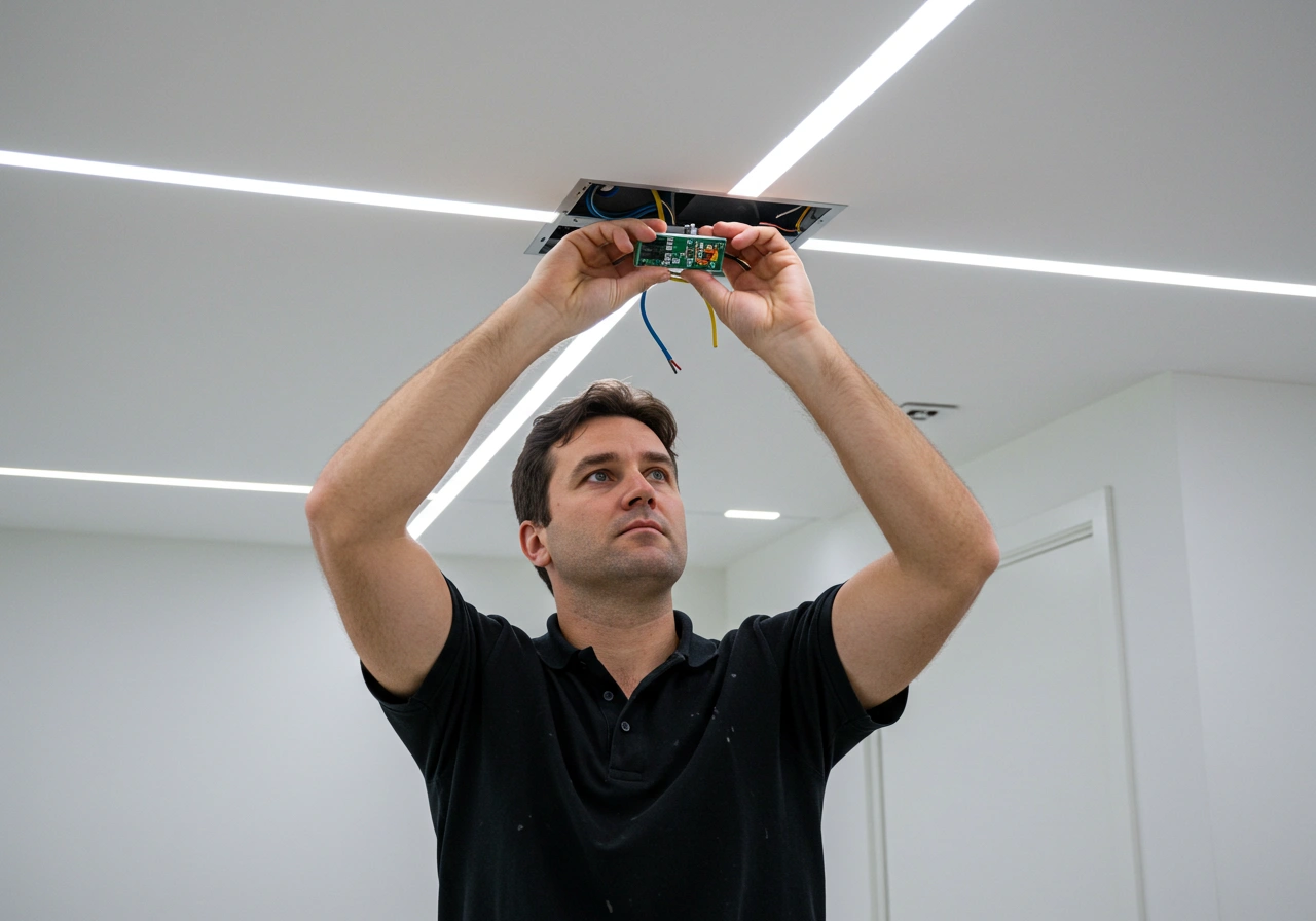 Close-up of the man adjusting LED lights on a ceiling fixture.