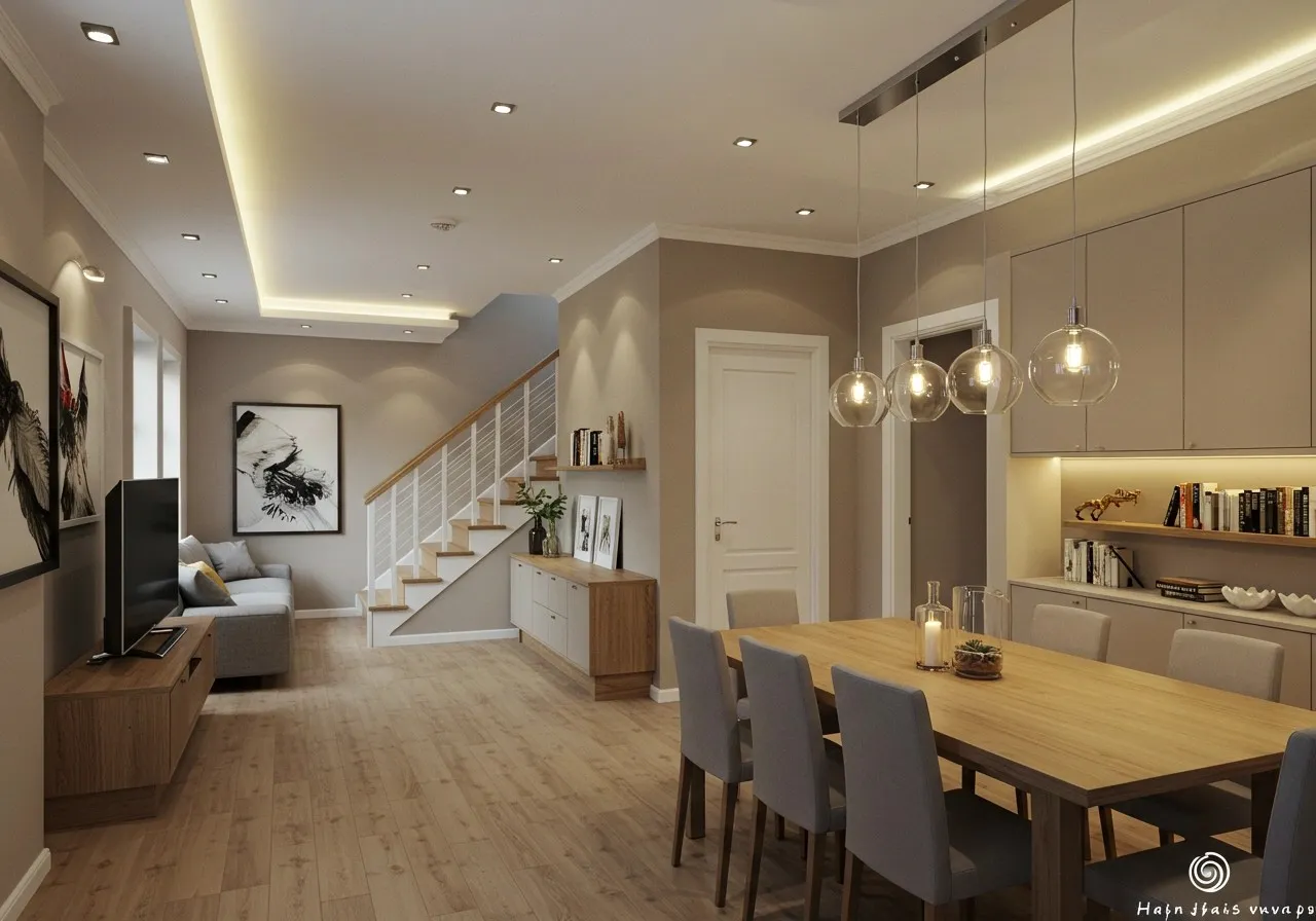 Modern living room with LED strip lights along the ceiling.