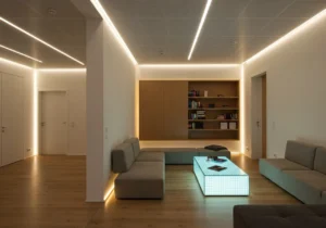 Smart lighting installation in a modern living room, enhancing comfort and energy efficiency with automated control.