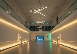 Large open space with glowing LED lights illuminating the floor and ceiling.