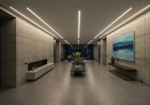 Sleek, minimalistic design with LED lights creating a warm ambiance.