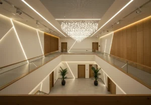 LED lighting along the walls of a stylish modern office space.